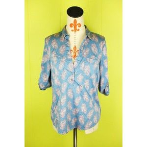 NEW YORK & CO Sz M V-Neck Roll Tab Blouse Tunic Top Blue Paisley Cotton Spandex